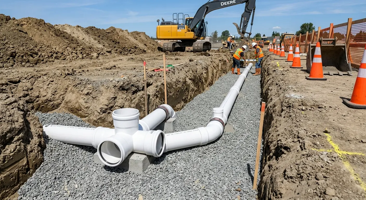New PVC sewer pipe installation in open trench for Sewer Backup in Rancho Mission Viejo