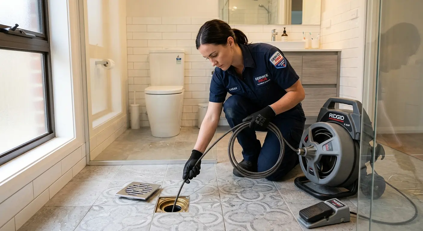 Technician clearing a bathroom floor drain for Hydro Jetting in Rancho Mission Viejo